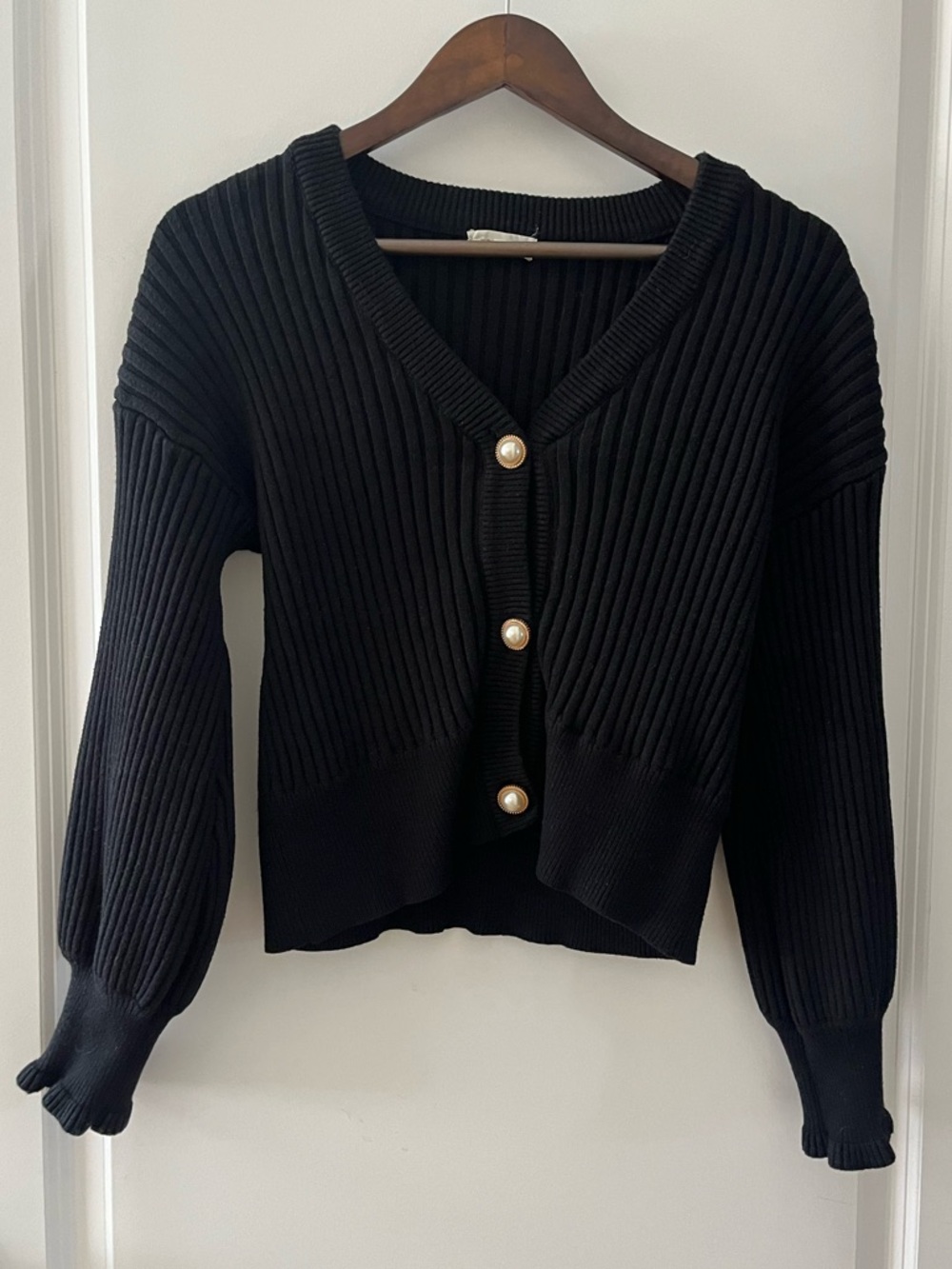 Promesa Black Ribbed V-Neck Cardigan with Pearl Buttons